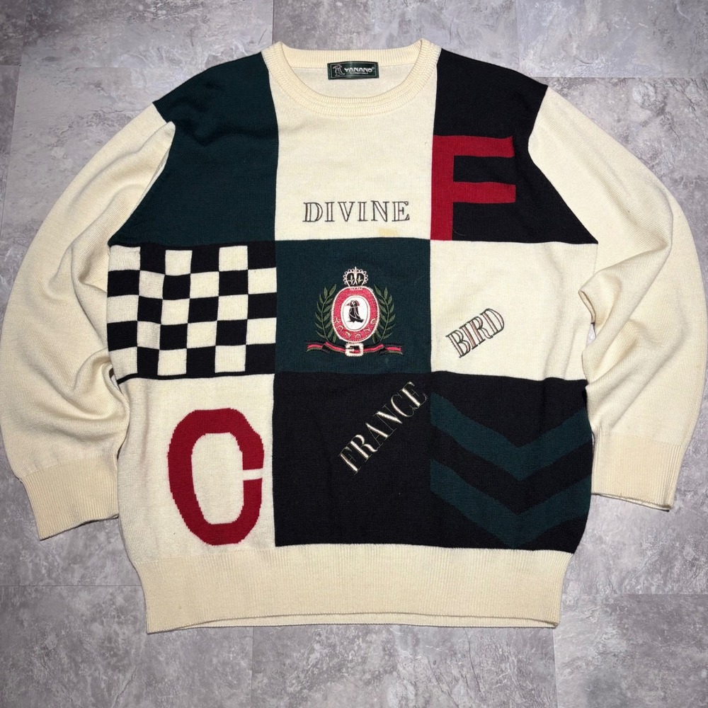 Yanano Internationale Mens Patchwork Knit Sweater Divine Bird France Cream Large